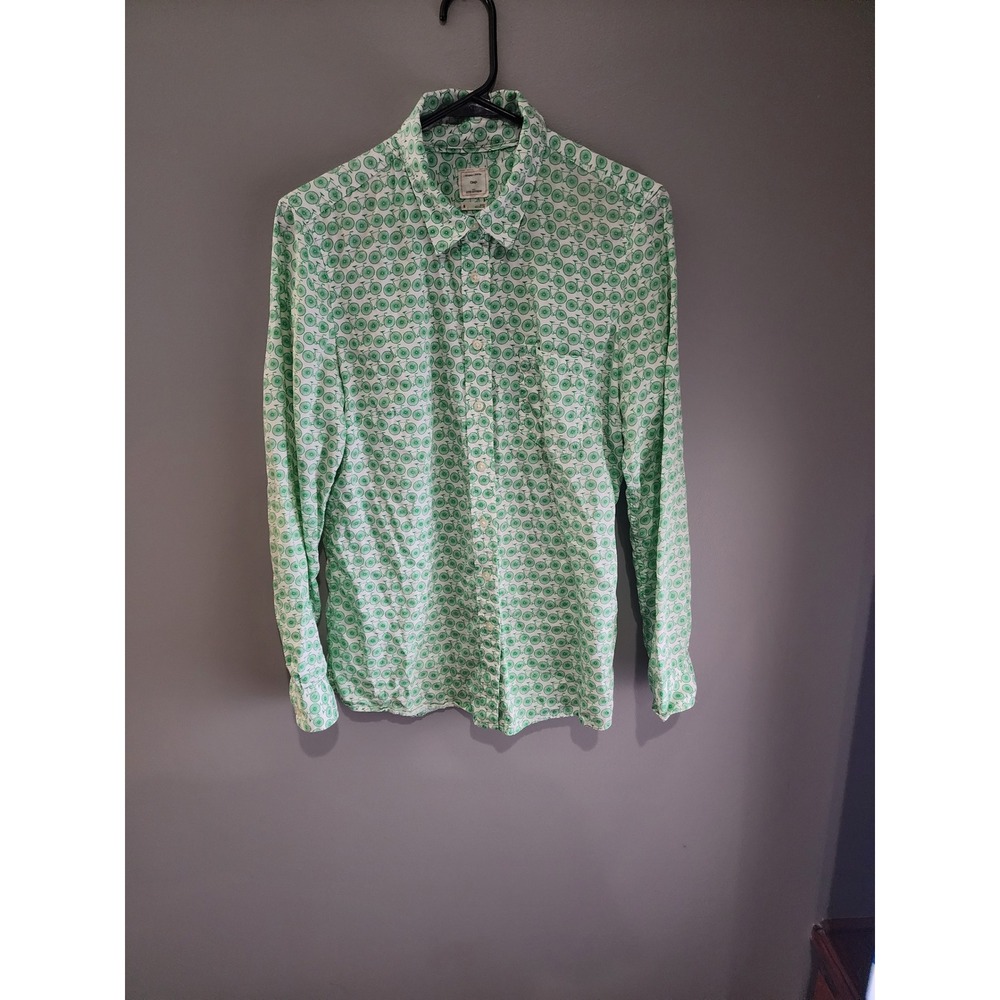 Gap Fitted Boyfriend Shirt Green Bicycle Print Cotton Button Down Womens Size M